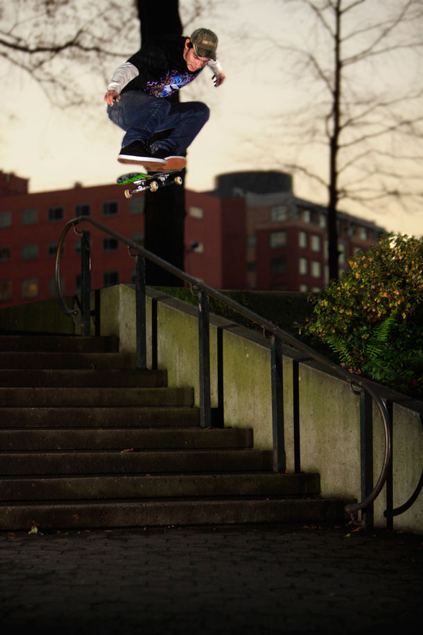 Silent_mike_Kickflip_over_Rail_And_stairs_pdx_