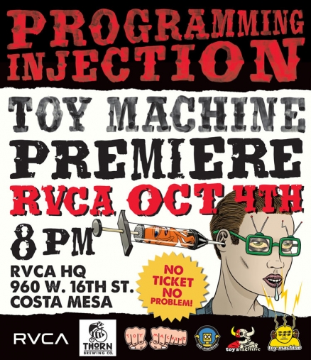 <span class='eventDate'>October 04, 2019</span><style>.eventDate {font-size:14px;color:rgb(150,150,150);font-weight:bold;}</style><br />Toy Machine&#039;s &quot;Programming Injection&quot; Premiere